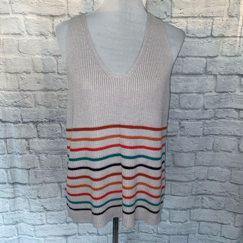 Women L v-cut cotton blend knit tank top w/multicolor stripes
